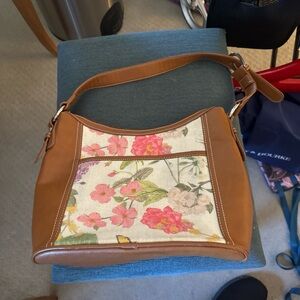 Giannibirini Womans Purse Brown leather trim pink rose and butterfly canvas
